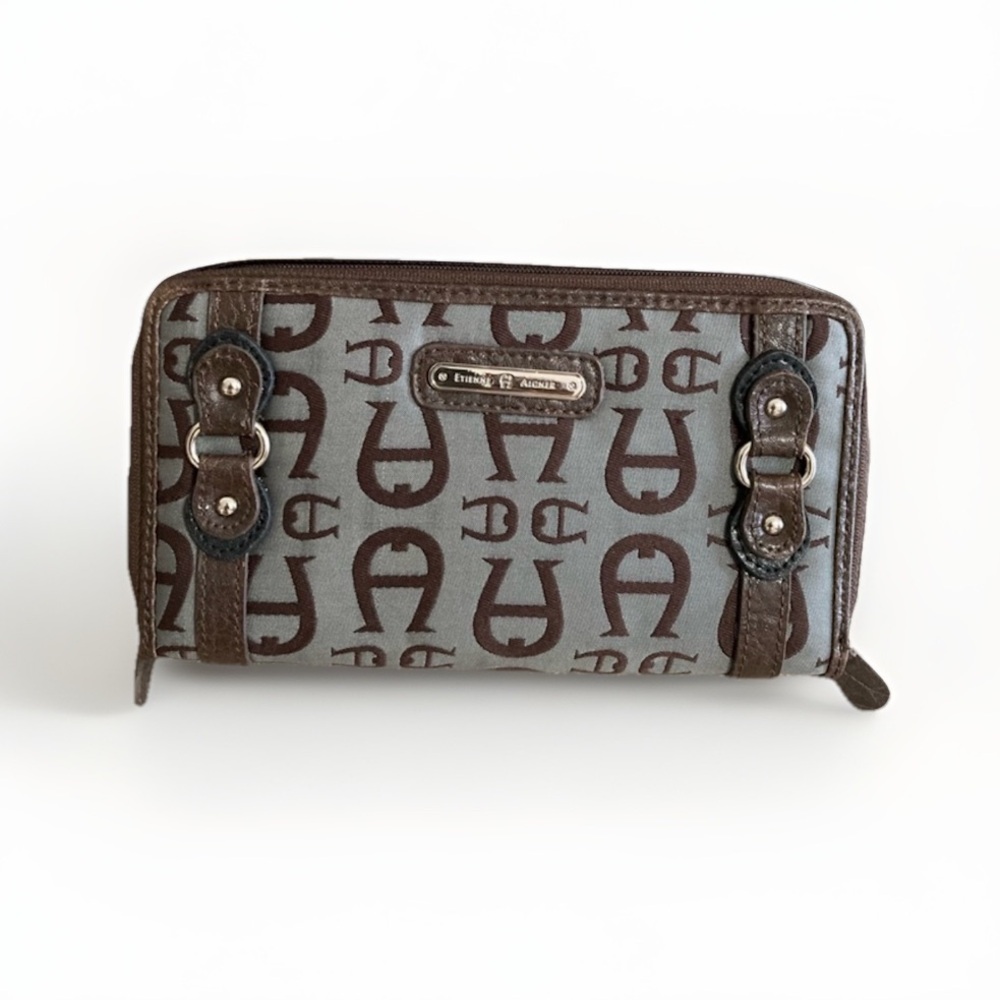 Etienne Aigner Wallet Lazaro Personal Assets Gray and Brown Zip Around Wallet